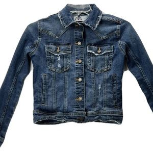 Zara Distressed Denim Stretchy Blue Jean Jacket Women’s Small